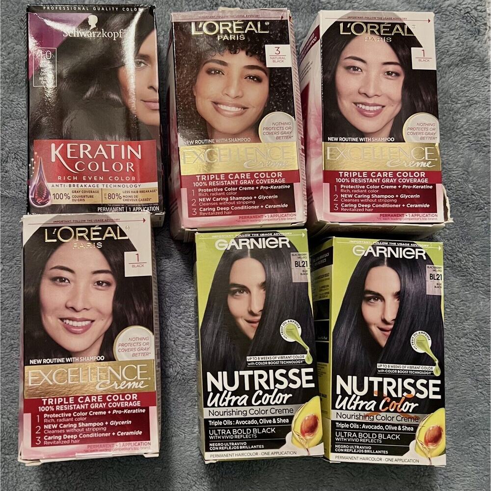 Black Hair Dye Lot Of 6~Nutrisse-Schwarzkopf-L’Oréal-Blue Black, Onyx, Natural